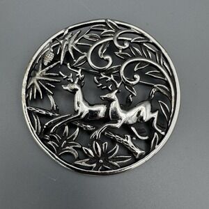 Vintage SARAH COVENTRY Filigree Large Round Brooch / Pendant ‎ DEER DOE BUCK